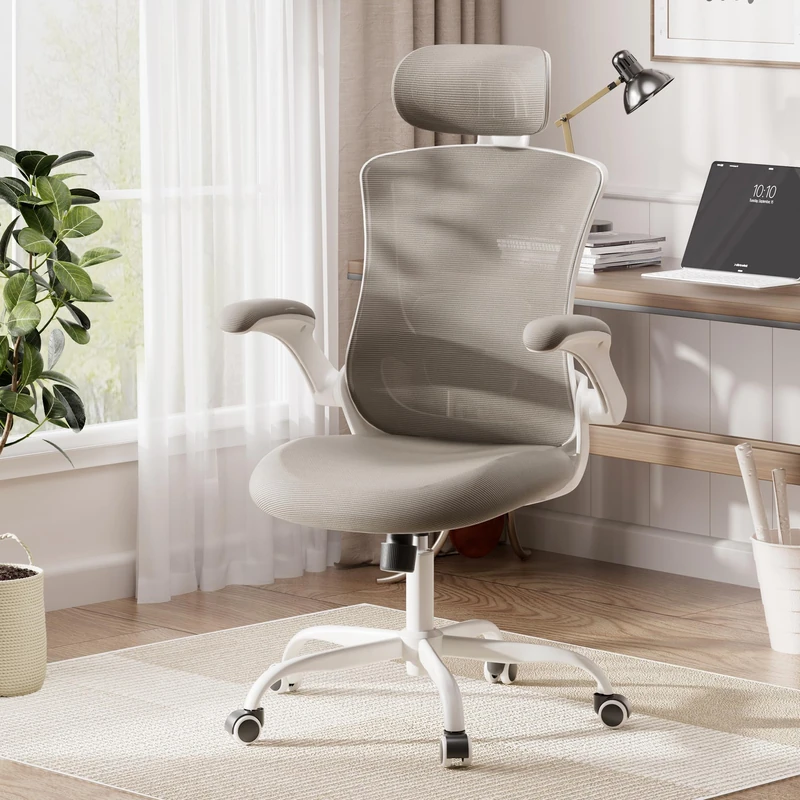 COLAMY Ergonomic Office Chair with Lumbar Support, Mesh Desk Chair with Adjustable Headrest, Computer Chair with Flip-up Armrest, Adjustable Seat Height and Tilt Function for Home Office Study, Khaki