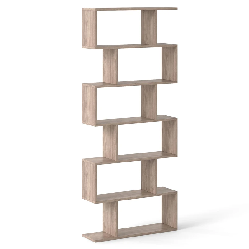 CASART 5/6 Tier Wooden Bookcase, Free Standing Shelving Stand Rack, S-Shaped Bookshelf Storage Display Unit (Grey Oak, 80 x 23 x 192cm)