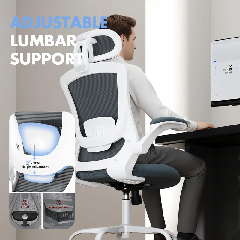 COLAMY Ergonomic Office Chair with Lumbar Support, Mesh Desk Chair with Adjustable Headrest, Computer Chair with Flip-up Armrest, Adjustable Seat Height and Tilt Function for Home Office Study, Grey