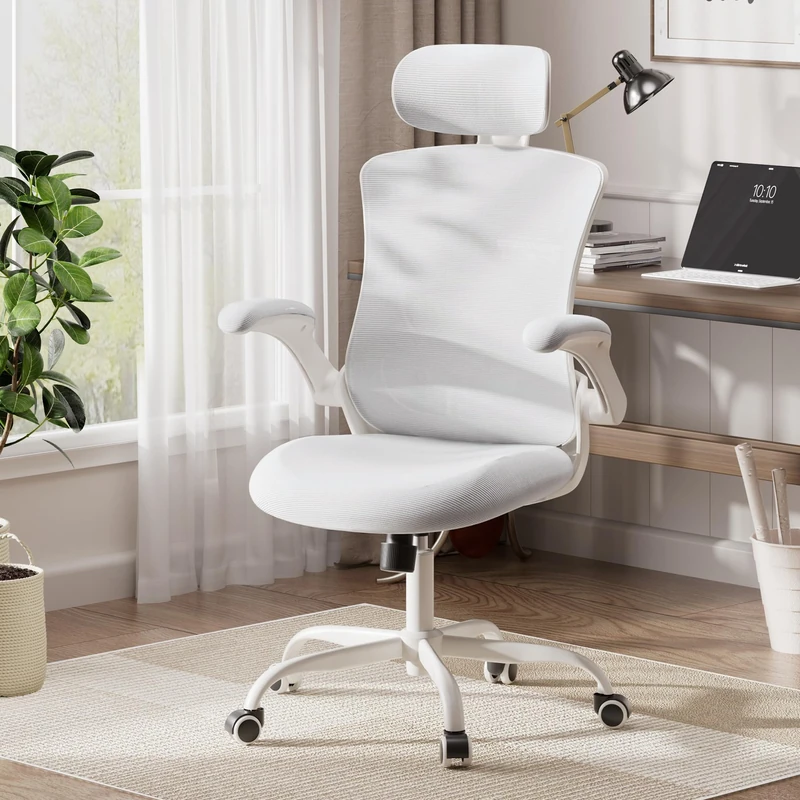 COLAMY Ergonomic Office Chair with Lumbar Support, Mesh Desk Chair with Adjustable Headrest, Computer Chair with Flip-up Armrest, Adjustable Seat Height and Tilt Function for Home Office Study, White