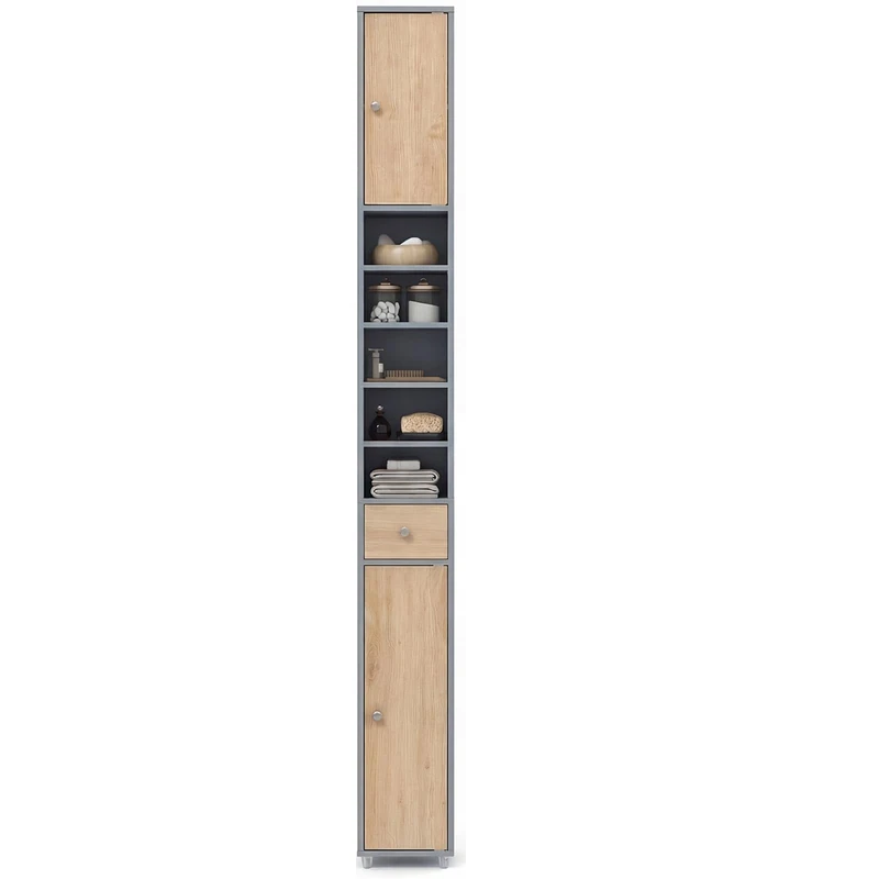 RELAX4LIFE Tall Bathroom Cabinet, Free Standing Storage Cupboard with 1 Drawer, 2 Cabinets & 5 Adjustable Open Shelves, MDF Slim Organiser Unit for Bathroom Living Room Kitchen (Natural+grey) - Image 1