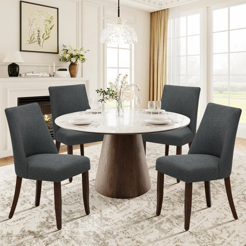 COLAMY Upholstered Dining Chairs Set of 4, Linen Fabric Parsons Dining Room Chairs with Curved Backrest, Solid Rubber Wood Legs, 13cm Thick Padded Seat, Kitchen & Living Room Chairs,Dark Grey