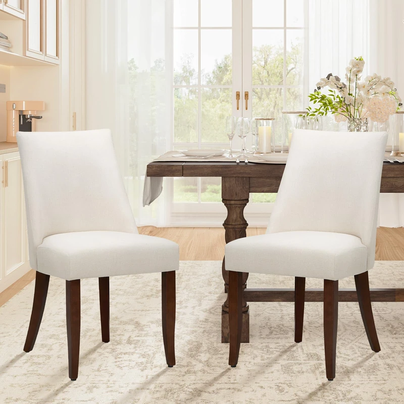 COLAMY Upholstered Dining Chairs Set of 2, Linen Fabric Parsons Dining Room Chairs with Curved Backrest, Solid Rubber Wood Legs, 13cm Thick Padded Seat, Kitchen & Living Room Chairs,Beige