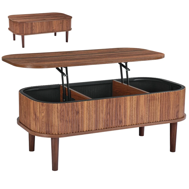 VEVOR 1000mm Lift Top Coffee Table, Fluted Oval Coffee Table with 3 Hidden