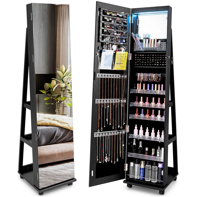RELAX4LIFE 360° Swivel Jewellery Cabinet, 3 in 1 Standing Lockable Jewelry Armoire with Full-Length Mirror, 3-Color LED Lights, Storage Shelves & 4 Wheels, Mobile Jewellery Organiser (Black)