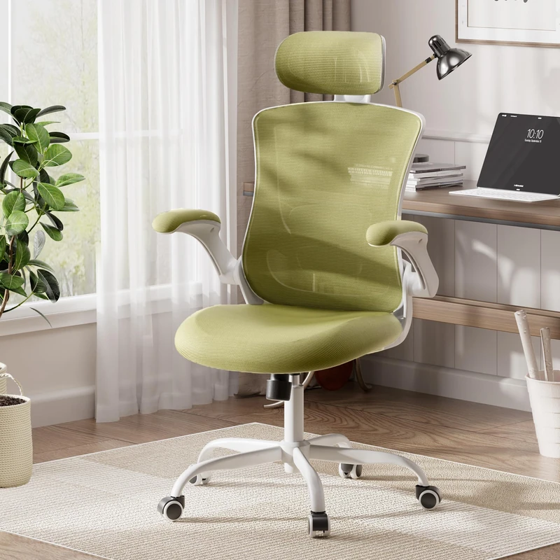 COLAMY Ergonomic Office Chair with Lumbar Support, Mesh Desk Chair with Adjustable Headrest, Computer Chair with Flip-up Armrest, Adjustable Seat Height and Tilt Function for Home Office Study, Green