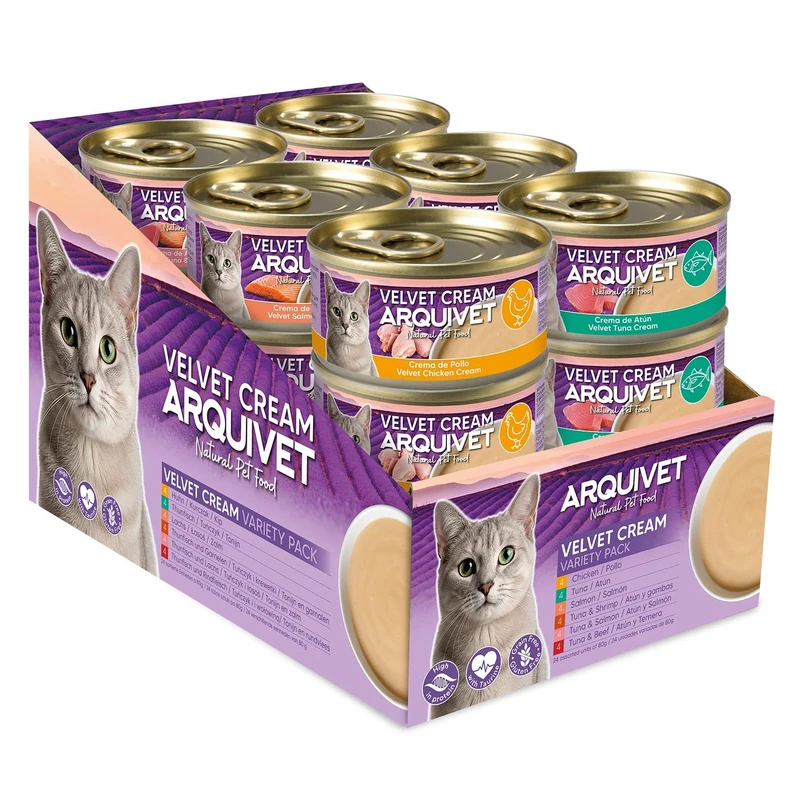 PACK 24 units - Velvet Cream cat cream - 6 varieties - 80 g cans - Wet food for cats - ARQUIVET