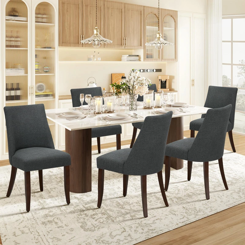 COLAMY Upholstered Dining Chairs Set of 6, Linen Fabric Parsons Dining Room Chairs with Curved Backrest, Solid Rubber Wood Legs, 13cm Thick Padded Seat, Kitchen & Living Room Chairs,Dark Grey