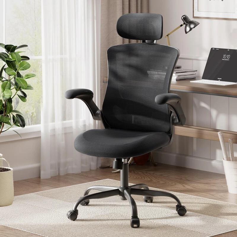 COLAMY Ergonomic Office Chair with Lumbar Support, Mesh Desk Chair with Adjustable Headrest, Computer Chair with Flip-up Armrest, Adjustable Seat Height and Tilt Function for Home Office Study, Black