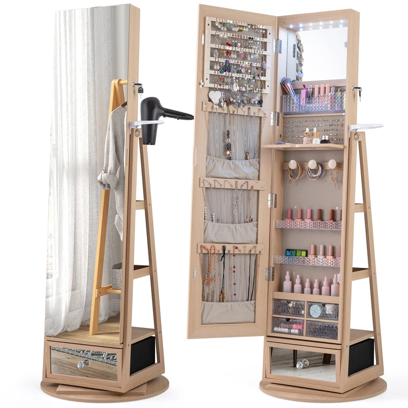 RELAX4LIFE 360° Swivel Jewellery Cabinet, 4 in 1 Standing Jewelry Armoire with Full-Length Mirror, LED Lights, Rear Shelves and Hair Dryer Rack, Lockable Jewellery Organiser (Natural)