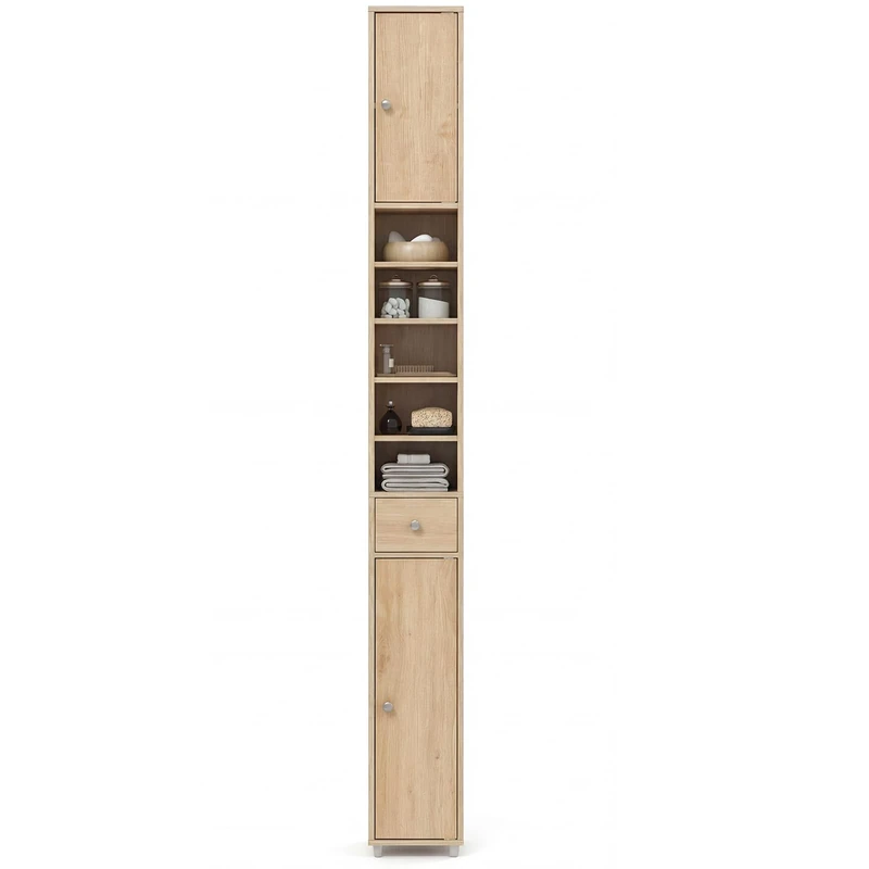 RELAX4LIFE Tall Bathroom Cabinet, Free Standing Storage Cupboard with 1 Drawer, 2 Cabinets & 5 Adjustable Open Shelves, MDF Slim Organiser Unit for Bathroom Living Room Kitchen (Natural)