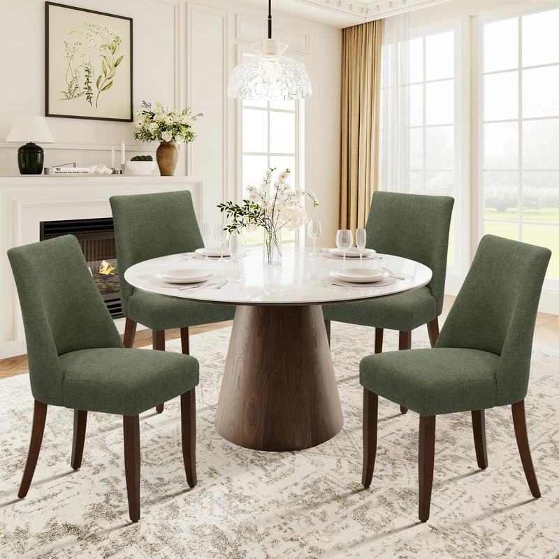 COLAMY Upholstered Dining Chairs Set of 4, Linen Fabric Parsons Dining Room Chairs with Curved Backrest, Solid Rubber Wood Legs, 13cm Thick Padded Seat, Kitchen & Living Room Chairs,Green