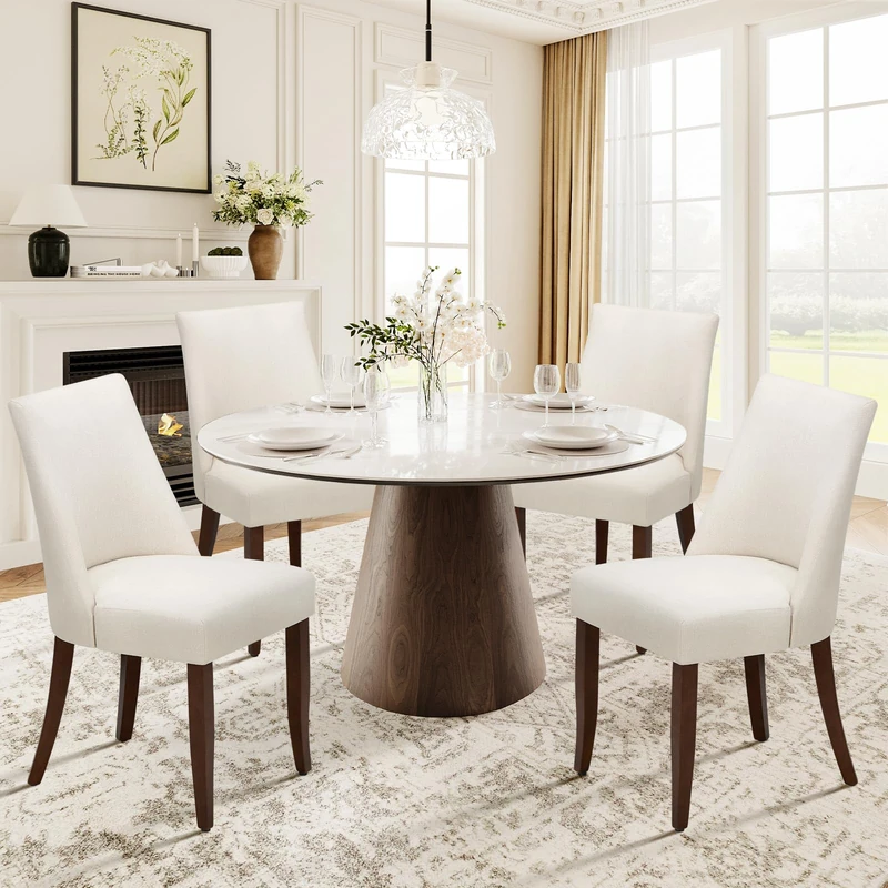 COLAMY Upholstered Dining Chairs Set of 4, Linen Fabric Parsons Dining Room Chairs with Curved Backrest, Solid Rubber Wood Legs, 13cm Thick Padded Seat, Kitchen & Living Room Chairs,Beige