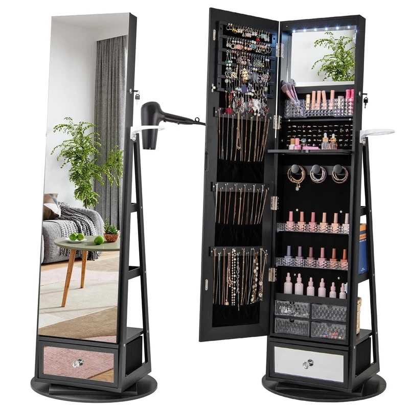 RELAX4LIFE 360° Swivel Jewellery Cabinet, 4 in 1 Standing Jewelry Armoire with Full-Length Mirror, LED Lights, Rear Shelves and Hair Dryer Rack, Lockable Jewellery Organiser (Black)
