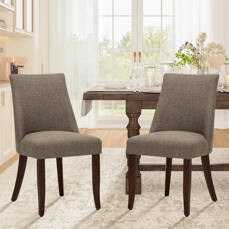 COLAMY Upholstered Dining Chairs Set of 2, Linen Fabric Parsons Dining Room Chairs with Curved Backrest, Solid Rubber Wood Legs, 13cm Thick Padded Seat, Kitchen & Living Room Chairs,Brown