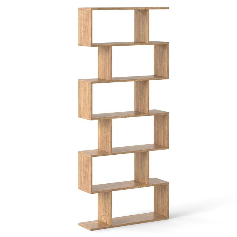 CASART 5/6 Tier Wooden Bookcase, Free Standing Shelving Stand Rack, S-Shaped Bookshelf Storage Display Unit (Natural, 80 x 23 x 192cm)