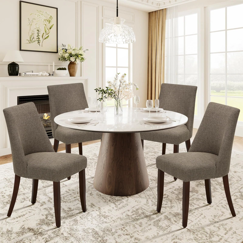 COLAMY Upholstered Dining Chairs Set of 4, Linen Fabric Parsons Dining Room Chairs with Curved Backrest, Solid Rubber Wood Legs, 13cm Thick Padded Seat, Kitchen & Living Room Chairs,Brown