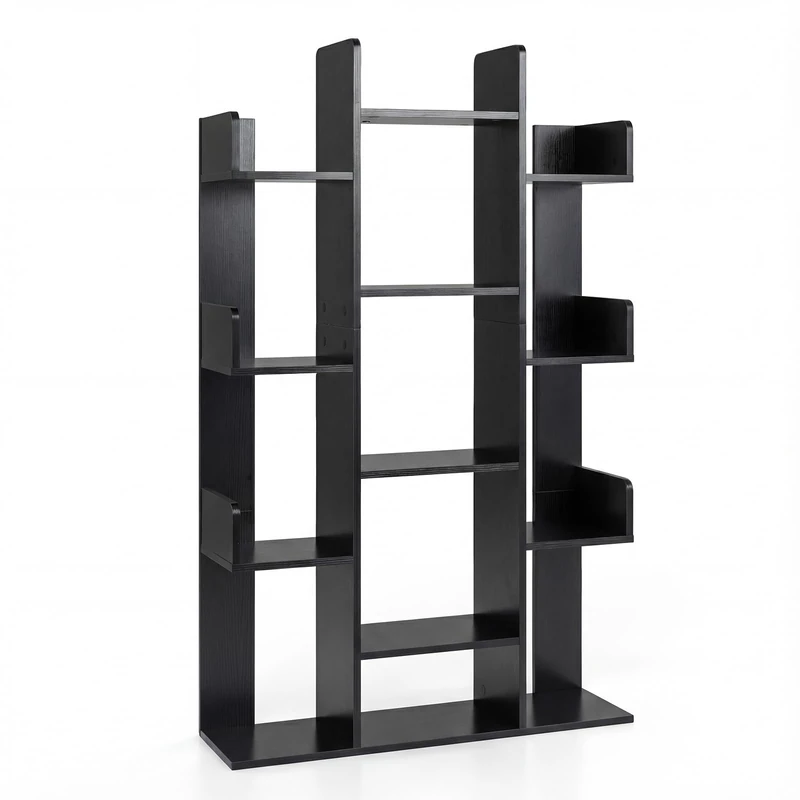 CASART Tree-Shaped Bookshelf, Anti-Tipping 8/13-Tier Bookcase with Side Buffer, Industrial Floor Standing Display Shelf Organizer for Office, Living Room & Balcony (Black, 13 Tier- 86 x 25 x 141cm)