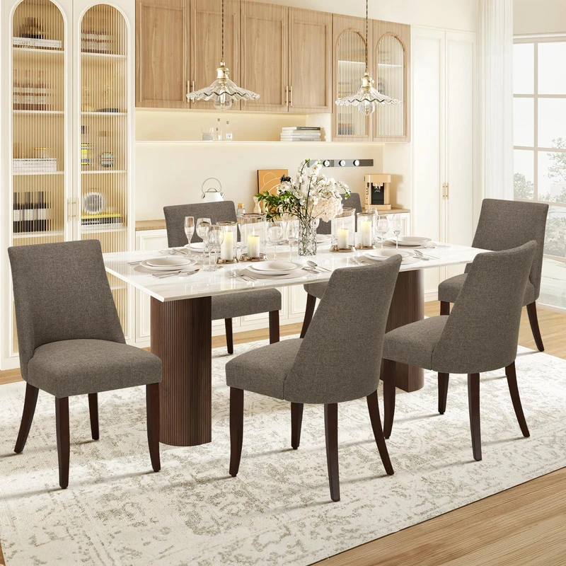 COLAMY Upholstered Dining Chairs Set of 6, Linen Fabric Parsons Dining Room Chairs with Curved Backrest, Solid Rubber Wood Legs, 13cm Thick Padded Seat, Kitchen & Living Room Chairs,Brown