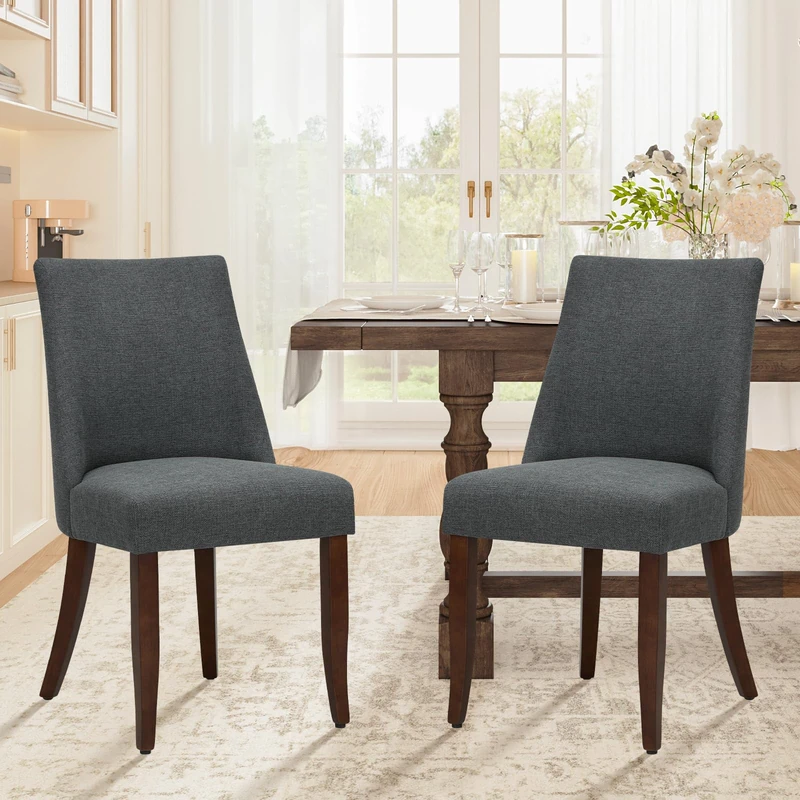 COLAMY Upholstered Dining Chairs Set of 2, Linen Fabric Parsons Dining Room Chairs with Curved Backrest, Solid Rubber Wood Legs, 13cm Thick Padded Seat, Kitchen & Living Room Chairs,Dark Grey