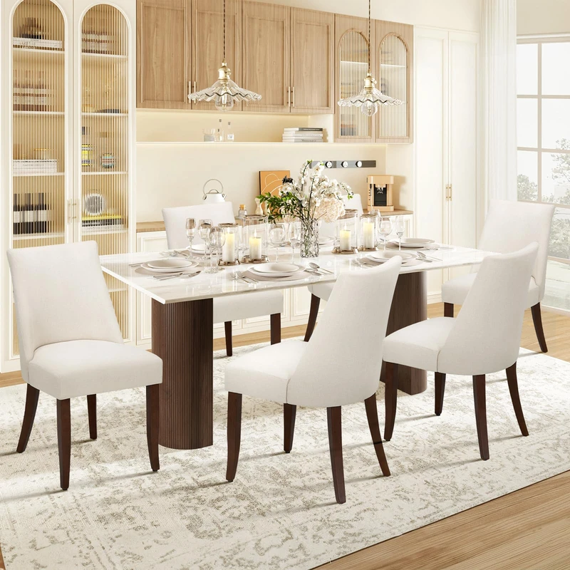 COLAMY Upholstered Dining Chairs Set of 6, Linen Fabric Parsons Dining Room Chairs with Curved Backrest, Solid Rubber Wood Legs, 13cm Thick Padded Seat, Kitchen & Living Room Chairs,Beige