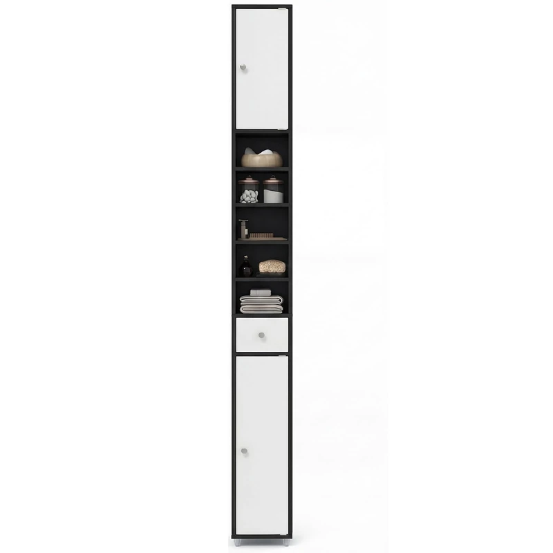 RELAX4LIFE Tall Bathroom Cabinet, Free Standing Storage Cupboard with 1 Drawer, 2 Cabinets & 5 Adjustable Open Shelves, MDF Slim Organiser Unit for Bathroom Living Room Kitchen (Black+white)