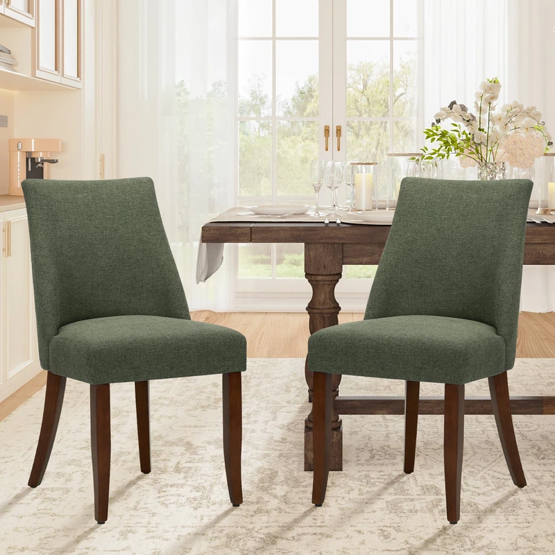 COLAMY Upholstered Dining Chairs Set of 2, Linen Fabric Parsons Dining Room Chairs with Curved Backrest, Solid Rubber Wood Legs, 13cm Thick Padded Seat, Kitchen & Living Room Chairs,Green