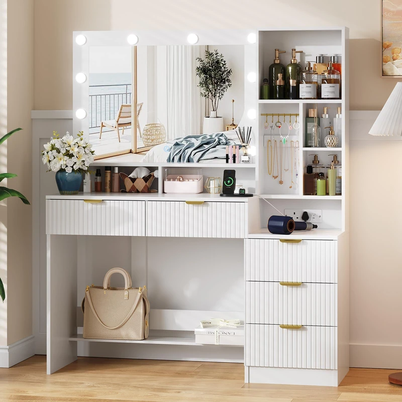 JUMMICO Dressing Table with LED Lights,Vanity Desk with Mirror and 5 Drawers,Modern Makeup Desk with Jewellery Hooks and Power Outlet for Bedroom (White)