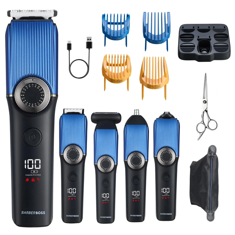 BarberBoss Men’s 5-in-1 Grooming Kit, Cordless Beard Trimmer, Hair Clippers, Body Groomer, Detail Trimmer & Nose, Ear Clipper with Precision Dial, Rechargeable Facial Groomer for Men