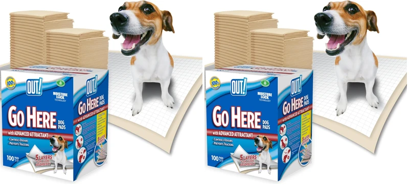 OUT! Go Here Absorbent Pet and Puppy Training Pads 100 Disposable Pads. 53 x 55cm. 5 layer leak-proof odour-control non-slip |100 Pads (Pack of 2)