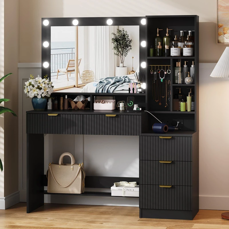 JUMMICO Dressing Table with LED Lights,Vanity Desk with Mirror and 5 Drawers,Modern Makeup Desk with Jewellery Hooks and Power Outlet for Bedroom (Black)