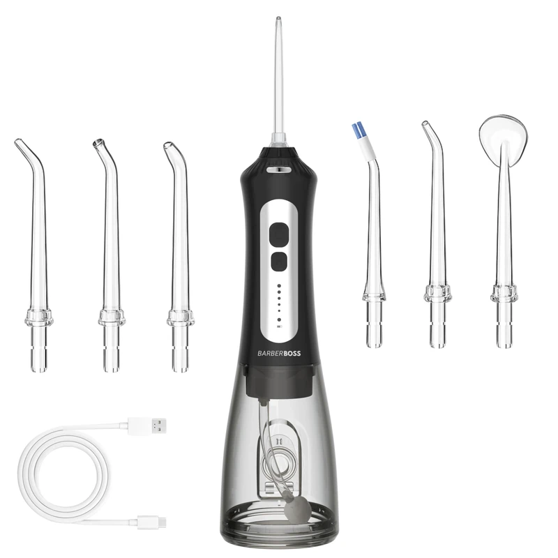 BarberBoss Portable Water Flosser, USB Rechargeable Oral Irrigator with 5 Pressure Levels, 6 Nozzles, 300ml Tank, Waterproof and Cordless Dental Flosser for Home & Travel
