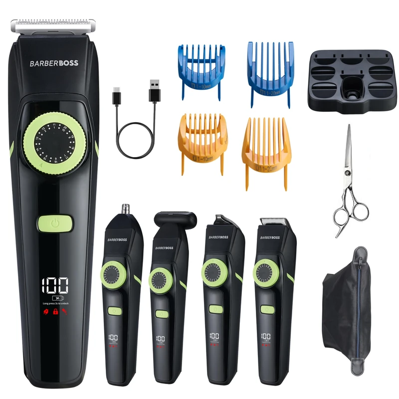 BarberBoss Men’s 5-in-1 Beard Grooming Kit, Cordless Hair Clippers for Men, Body & Ear,Nose Groomer, Detail Clipper with Precision Dial, Men’s Complete Facial Groomer