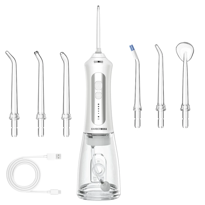 BarberBoss Rechargeable Water Flosser for Teeth & Gums, Cordless Oral Irrigator with 5 Cleaning Modes, 5 Jet Tips, 300ml Tank, IPX7 Waterproof, Electric Teeth Flosser