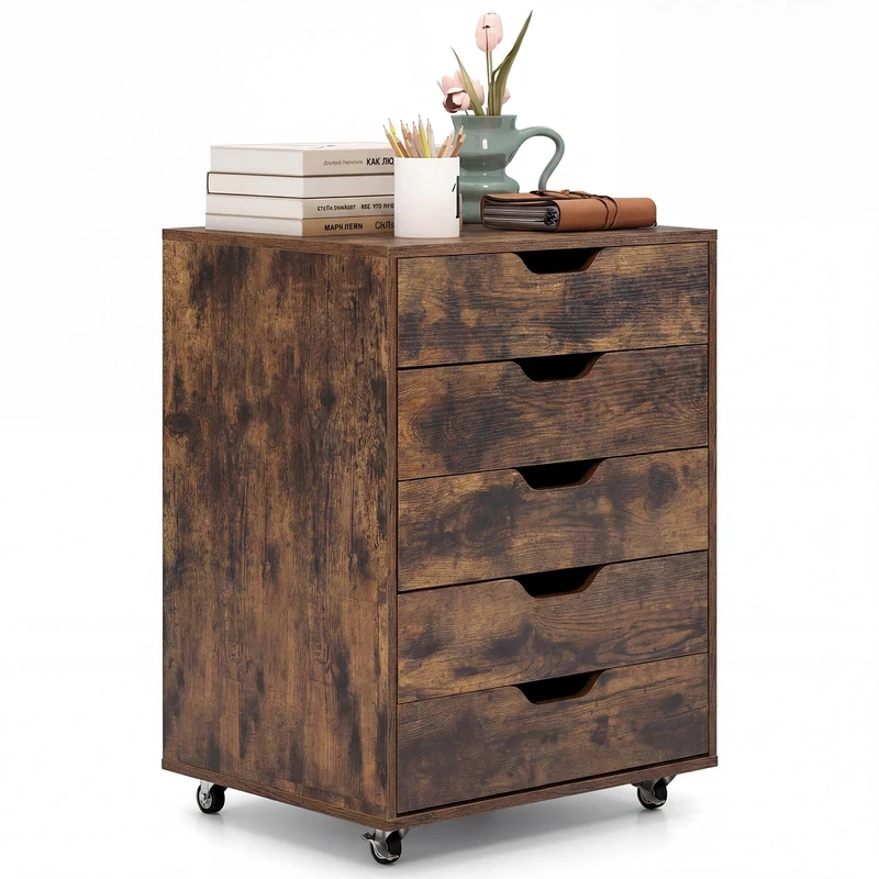 CASART Rolling File Cabinet, 4/5/7 Drawers Freestanding Storage Organizer Cupboard on Wheels, Home Office Lateral Filing Chest (5 Drawers, All Rustic Brown)