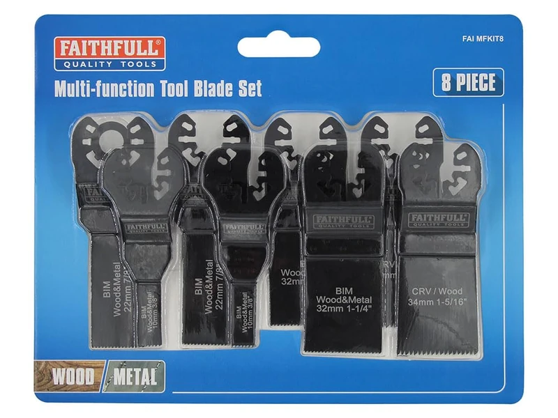 Faithfull Multi Tool Blade Set – 8 Piece Multi-Function Oscillating Blade Kit with BIM & CRV Blades & Quick Change Fitting for Wood, Metal & Plastic