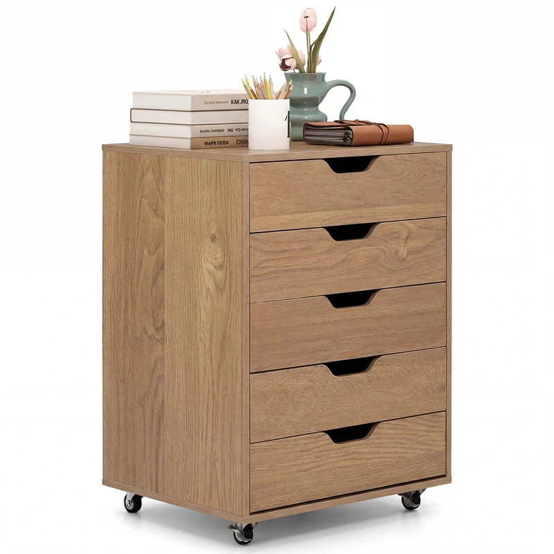 CASART Rolling File Cabinet, 4/5/7 Drawers Freestanding Storage Organizer Cupboard on Wheels, Home Office Lateral Filing Chest (5 Drawers, All Natural)