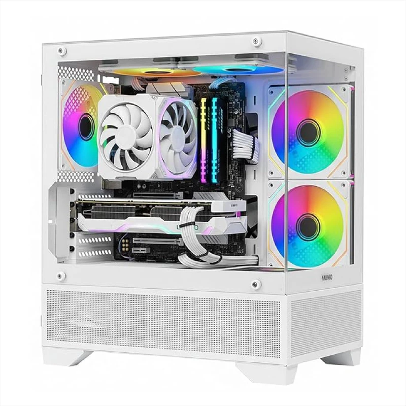 Nuwo Flow FH100 Case PC Gaming Micro-ATX Mini Tower | 3 ARGB 120mm Fans | Front and Side Panel in Panoramic Glass | White