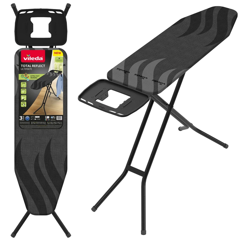 Vileda Total Reflect Ultimate Ironing Board, Extra Fast Ironing, Extra Robust, Wide Ironing Surface, Adjustable Height, XXL Iron Rest, Easy to Fold and Store