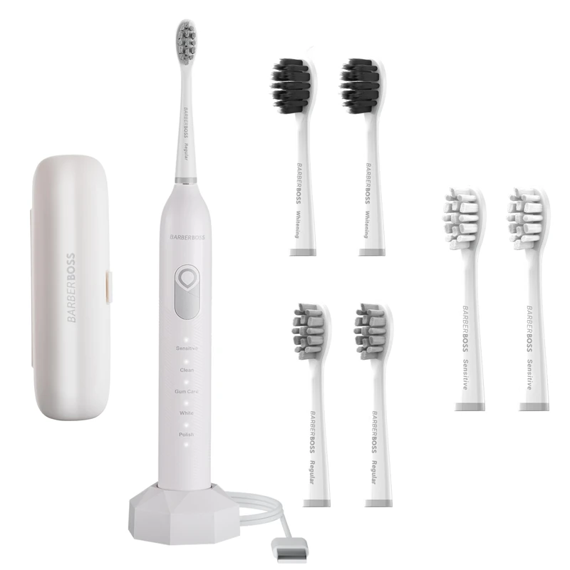 BarberBoss Rechargeable Adults ElectricToothbrush, 6 Brush Heads Sonic Toothbrush, 5 Brushing Modes, Pressure Sensor, Electric Brush with Travel Case