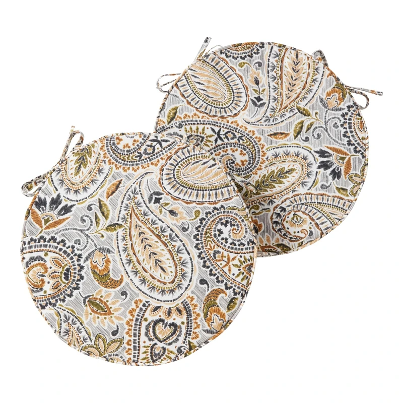 Set of 2 Outdoor 18 inch Round Patio Dining Chair Pads – Comfortable Fiber-Filled Seat Cushions with Ties, Reversible Polyester Fabric, Arctic Paisley