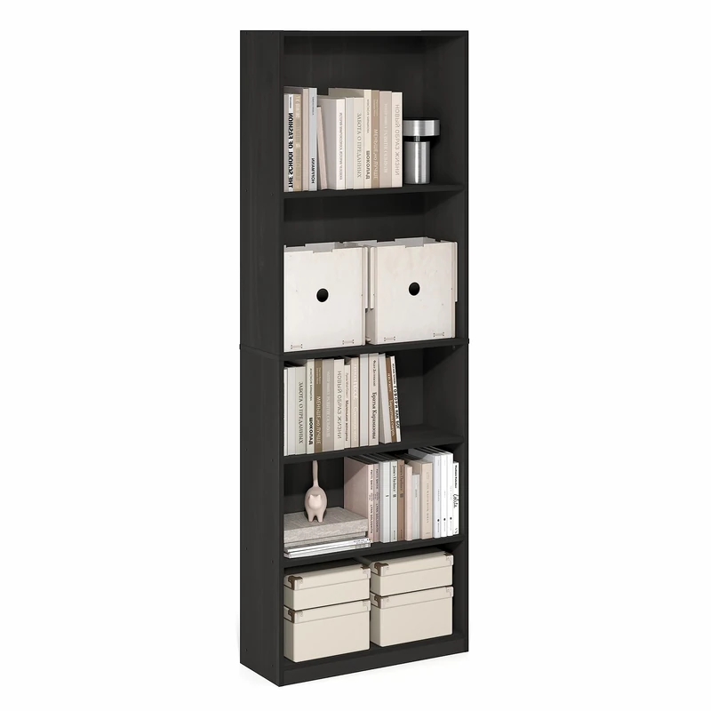 Furinno JAYA Book Shelf, 5-Tier Bookshelf with Open Storage Shelf, Standing Bookcase, 24.13 x 62.5 x 180.6cm, for Home Office, Living Room, Bedroom, Espresso
