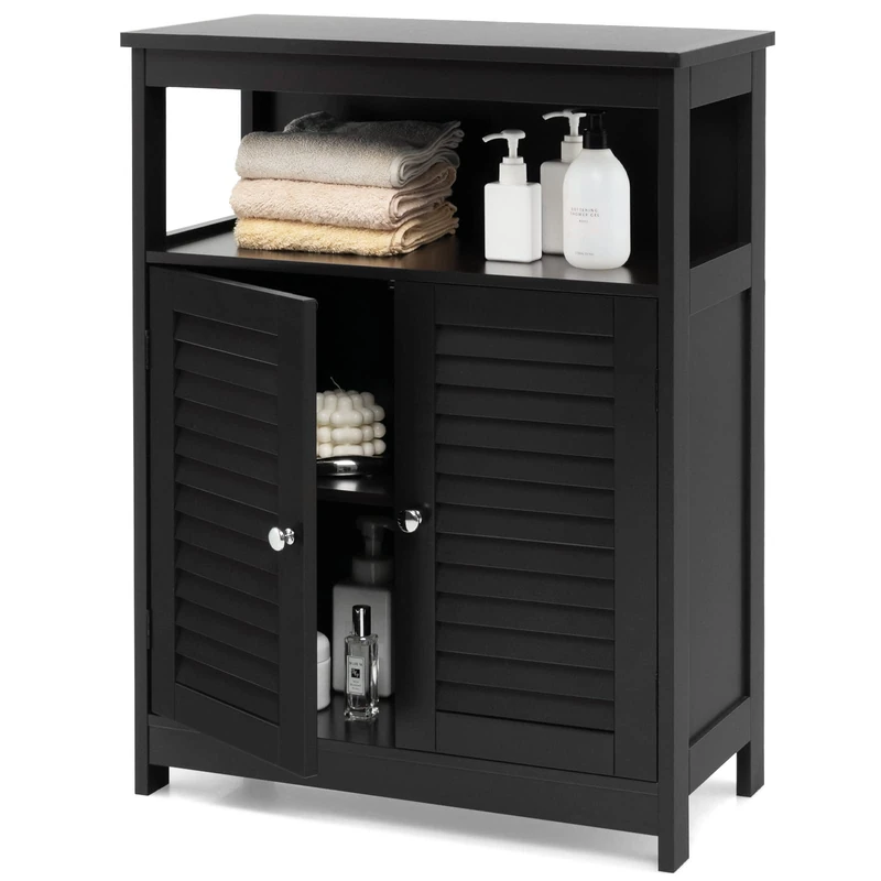 CASART Bathroom Floor Cabinet, Floor Standing Storage Cupboard with 2 Shutter Door, Wooden Side Cabinet Storage Organizer for Bathroom, Bedroom & Living Room (Black)