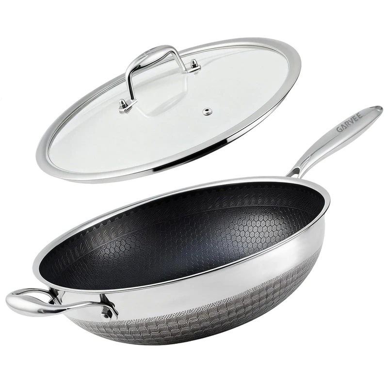 Garvee Stainless Steel Frying Pan 13 Inches (36 cm) with Tempered Glass Lid, Non-Stick Frying Pan Without Coating, Suitable for All Heat Sources Including Induction, Deep Frying Pan with Ergonomic - Image 1