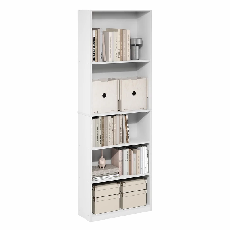 Furinno JAYA Book Shelf, 5-Tier Bookshelf with Open Storage Shelf, Standing Bookcase, 24.13 x 62.5 x 180.6cm, for Home Office, Living Room, Bedroom, White