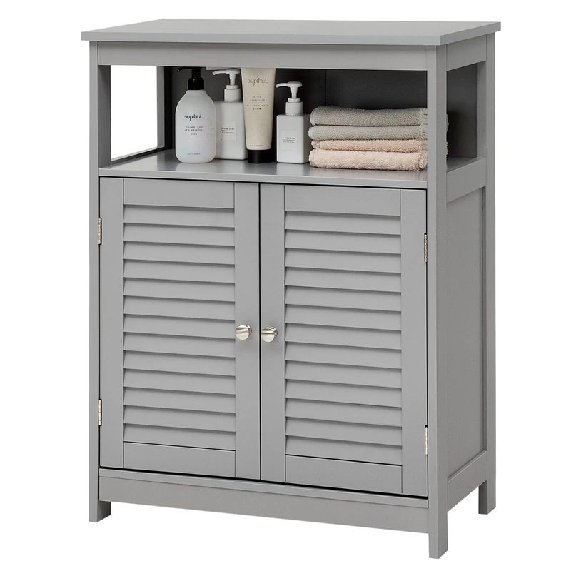 CASART Bathroom Floor Cabinet, Floor Standing Storage Cupboard with 2 Shutter Door, Wooden Side Cabinet Storage Organizer for Bathroom, Bedroom & Living Room (Grey)