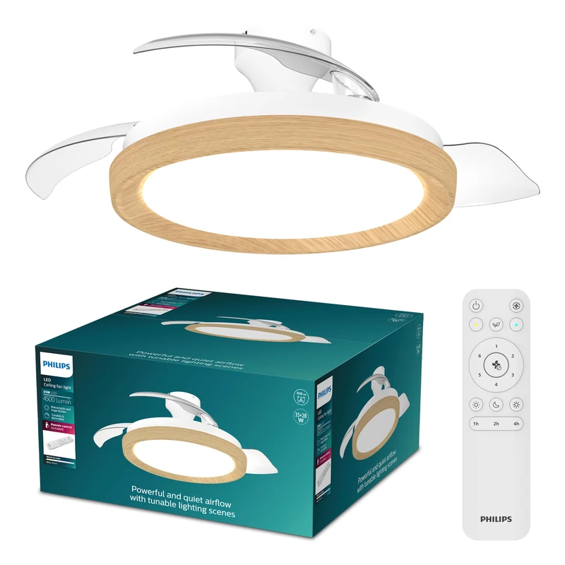 Philips Bliss Retractable-Blade Ceiling Fan with LED Light, 3 Blades, 106 cm Blade Wingspan, 4500 Lumens, Tunable White Light from 3000 K to 6500 K, Dimmable to 5%, Remote Control Included, Wood