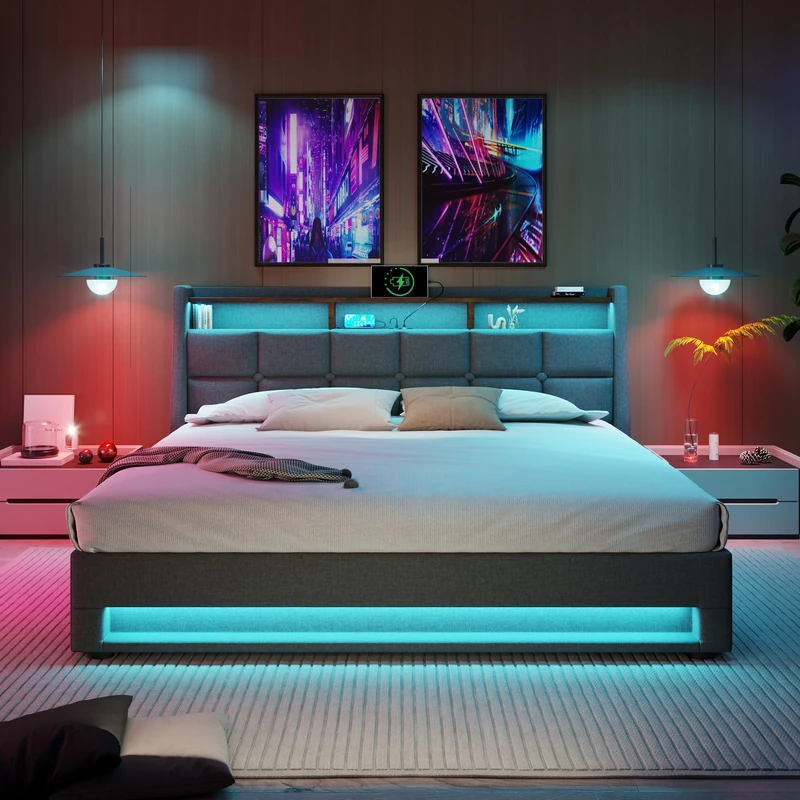 Ball & Cast Upholstered Double Bed 135 x 190 cm with LED Lighting, USB Type-C Charging Function, Storage Headboard, 4FT6 Double Bed Storage Bed Frame with Metal Slatted Frame, Linen, Grey