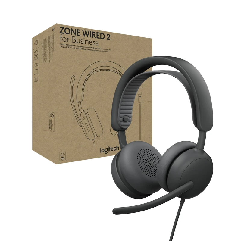 Logitech Zone Wired 2 for Business - Noise-Canceling Headset with Adaptive Hybrid ANC, Zoom & Google Certified, USB-C with USB-A adapter - Graphite