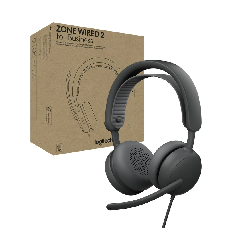Logitech Zone Wired 2 for Business - Noise-Canceling Headset with Adaptive Hybrid ANC, Microsoft Teams Certified, USB-C with USB-A adapter - Graphite